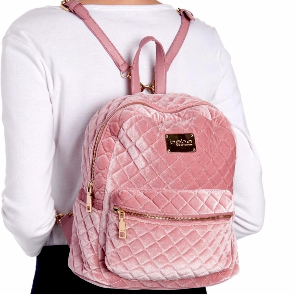 BEBE Set of 2 “Maria” Large Diamond Quilted Velvet Backpack and Clutch VGUC